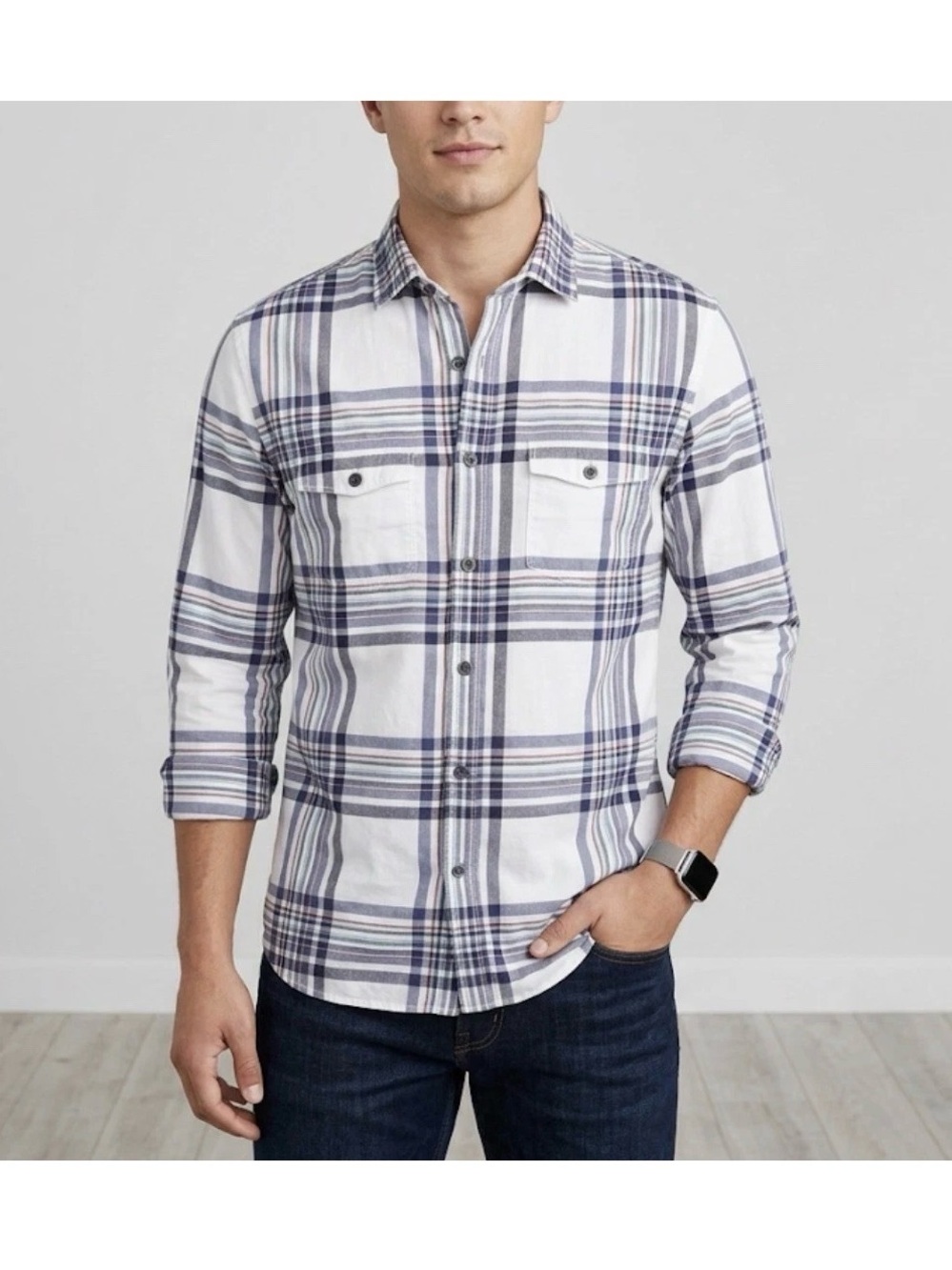 Express Plaid Button Down Shirt M Long Sleeve Flap Pocket White Navy 100% Cotton